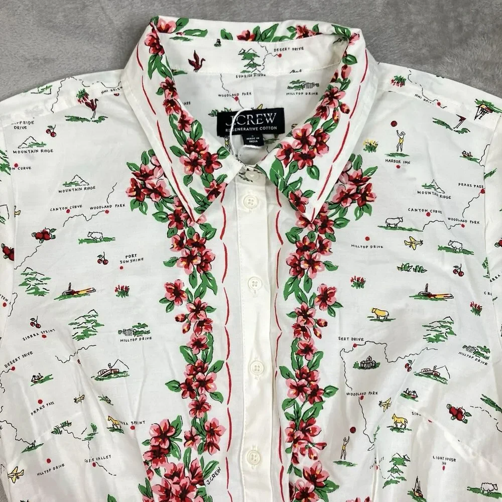 J Crew Map Print Shirt Dress Womens 6 Floral Mini Cotton Poplin Cerise Vacation